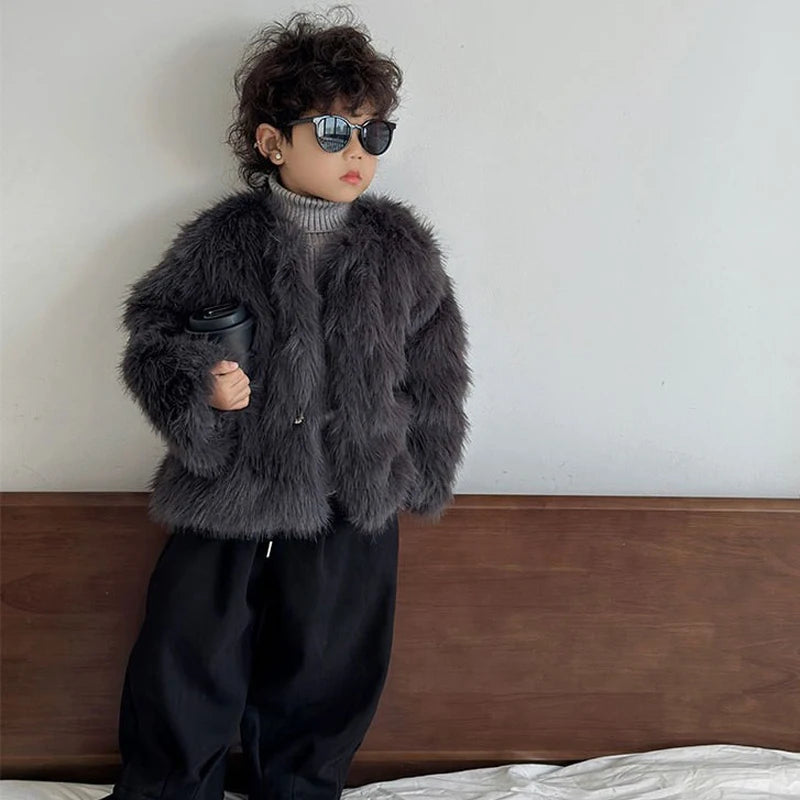 Gefälschte Pelz Mädchen Jacke Herbst Winter Neue Einfarbig Dicke Warm Halten Einreiher Mantel Für 3-10 Jahre mädchen Mode Oberbekleidung
