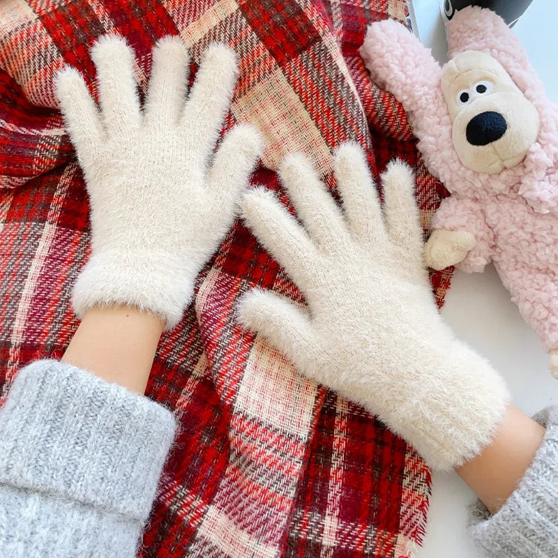 Mode Winter Nerz Samt Fünf Finger Handschuhe Plüsch Warme Kalt-proof Handschuhe Frauen Im Freien Radfahren Einfarbig Wistiti Fäustlinge