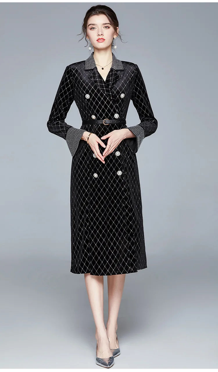 Frauen neue zweireihige kleid bohrer perle samt graben mantel herbst kaminsims damen