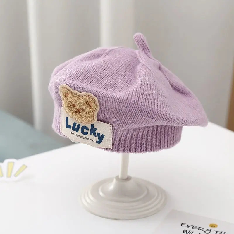 Blume Baby Baskenmütze Hut Winter Warme Gestrickte Beanie Cap für Kleinkind Mädchen Koreanische Kleinkind Prinzessin Künstler Einfarbig Maler Kappen