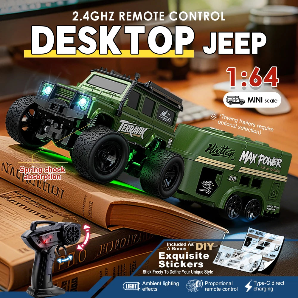 1:64 ferngesteuertes Geländewagen, 2,4 G Mini-Desktop-Fernbedienung, Spielzeugauto mit Abschleppkasten, Weihnachtsgeschenk für Kinder