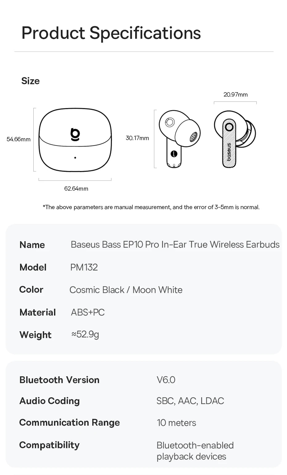 Baseus EP10 Pro ANC Ohrhörer, kabellose Bluetooth 6.0-Kopfhörer, 50 dB, Echtzeit-Adaptive-Kopfhörer, 6 Mikrofon, hochauflösende LDAC IP55-Ohrhörer