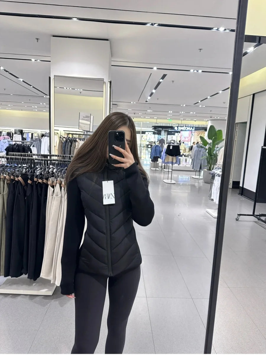 ETJ 2025 neue Damen-elegante Mode-Patchwork-Langarm-Stehkragen-Baumwolljacke mit Kapuze, Sportmantel 8073227