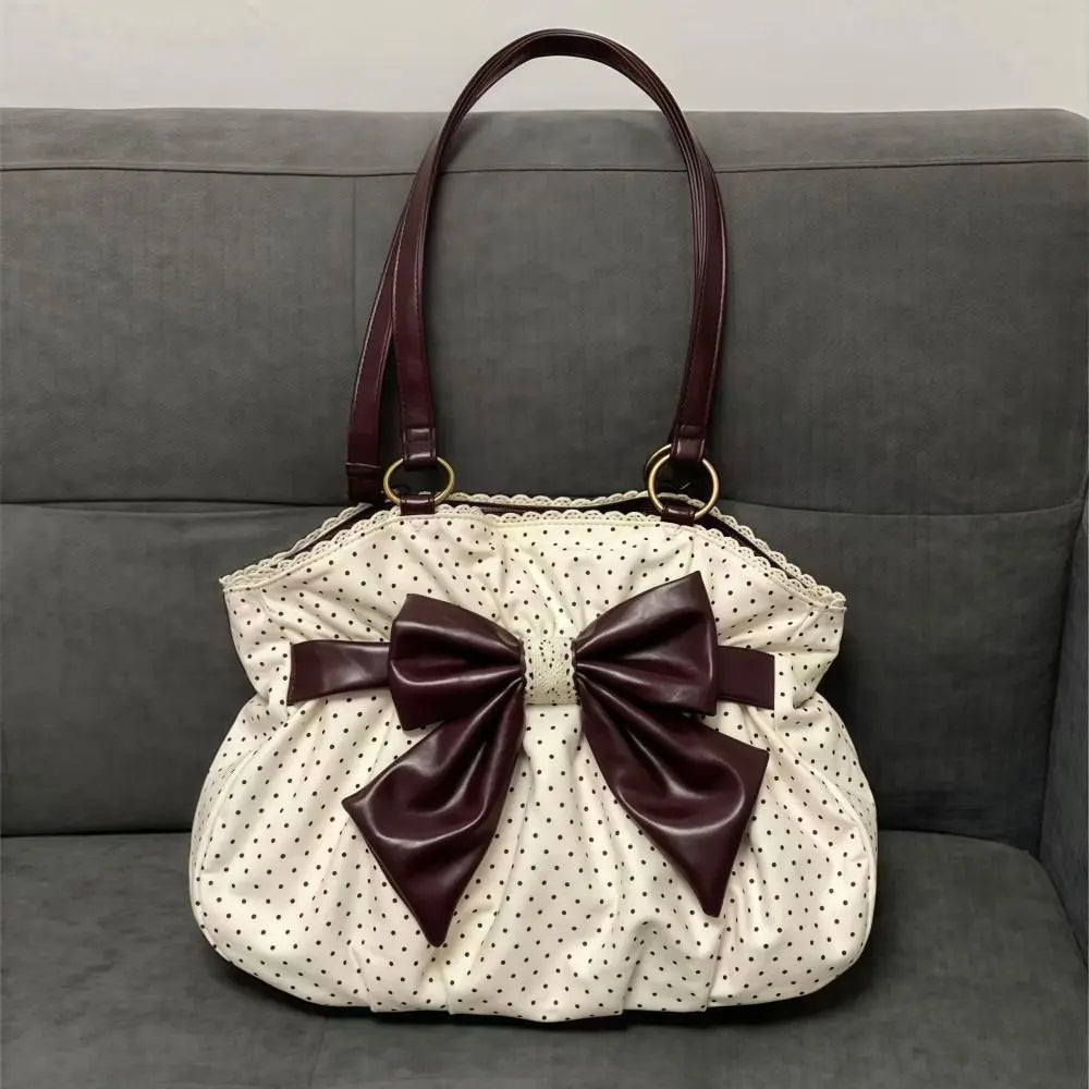 Trendy Vintage Damen Schleife Handtasche Ästhetische Dot Casual Chic Lady Schultertaschen Y2k All Match Ins Unterarmtasche Streetwear