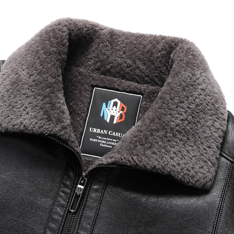Fügen Sie Fleece und verdickende Winter-Papa-Lederjacke für Opa mittleren Alters mit Pelzkragen, Mantel für Herren mittleren Alters für Wärme hinzu