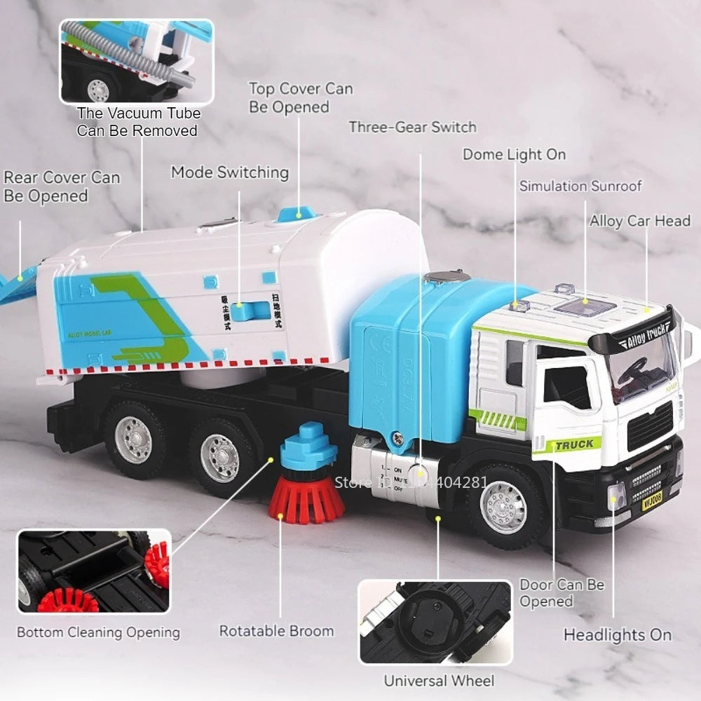 1:50 Elektrische Kehrmaschine Legierung Bewässerung Lkw Diecast Modell Miniatur Spielzeug Auto Türen Geöffnet Sound Licht Fahrzeuge für Kinder Geschenke