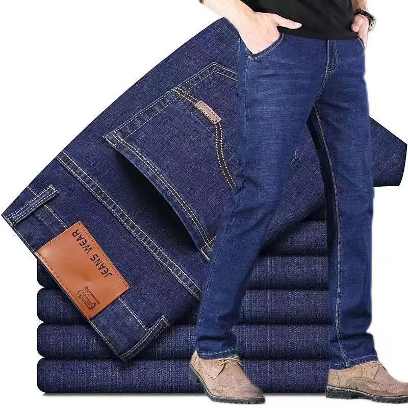 Men's Jeans, Casual Straight Leg Work Jeans, Elastic, Fashionable, Classic, Blue and Black, Men's Branded Clothing