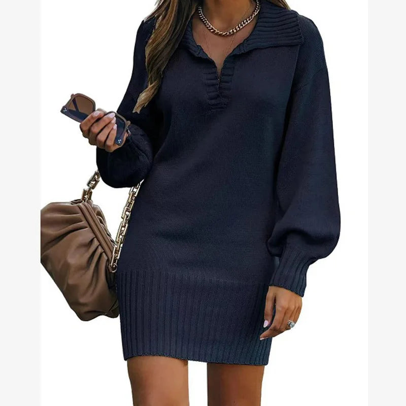 Kleider Damen Herbst Einfarbig Revers Lange Ärmel Einfarbig frauen Büro Pendeln Kleid Roupas Para Festa A Noite Feminina