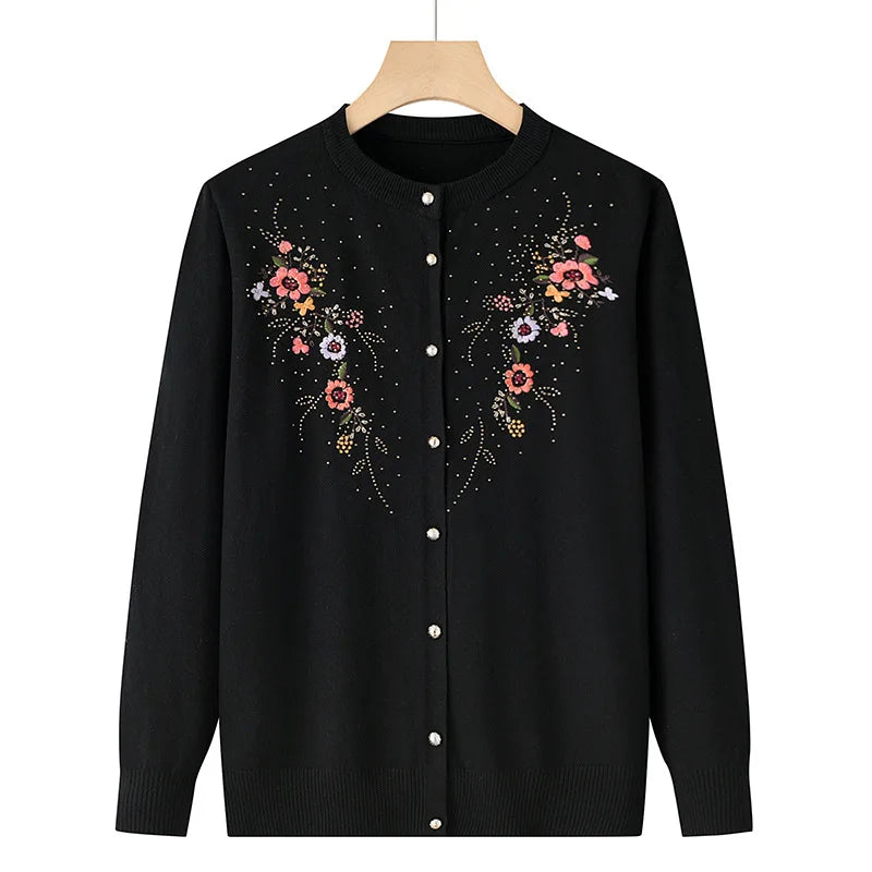 Mittleren Alters und ältere Frauen Stickerei Strickjacke Jacke einreiher schlanke Pullover Mantel dünne Frühling Oma Kleidung