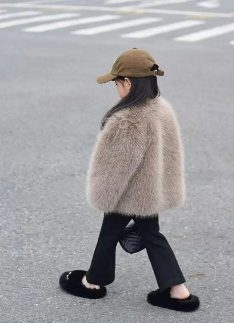 Gefälschte Pelz Mädchen Jacke Herbst Winter Neue Einfarbig Dicke Warm Halten Einreiher Mantel Für 3-10 Jahre mädchen Mode Oberbekleidung