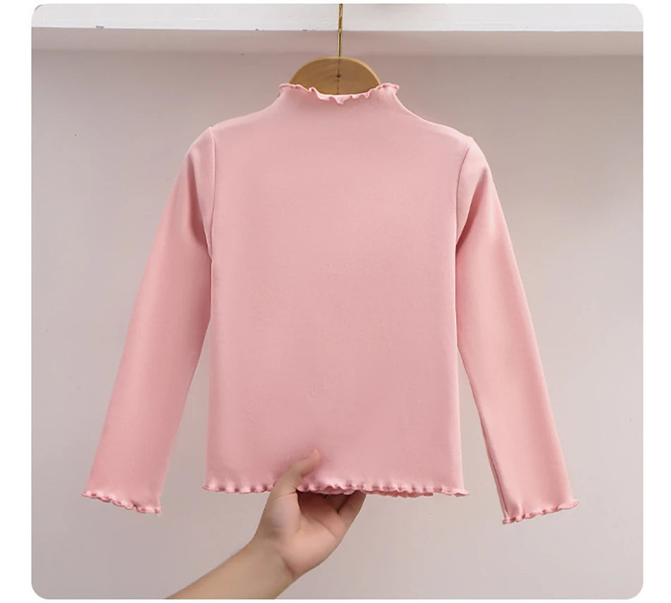 Kinder Kleidung Neue Mädchen Basis Shirt Für Herbst und Winter Kinder Trendy Schwarz Pilz Rand Einfarbig Lange Ärmeln T-shirt