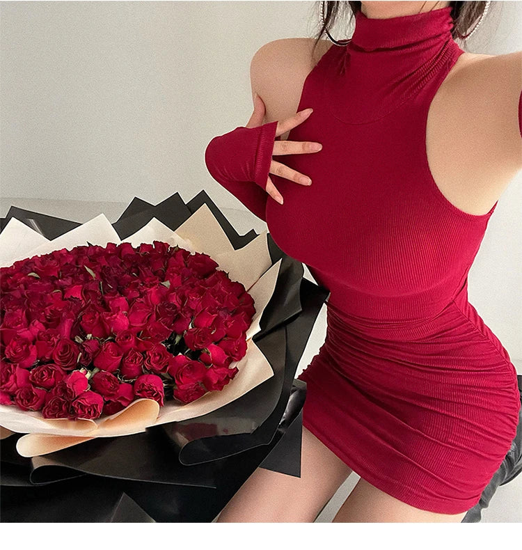 Sommer Sexy High Neck Enges Kleid Oversleeve Plissee Unten Eingewickelt Hüfte Kleid Frauen Bodycon