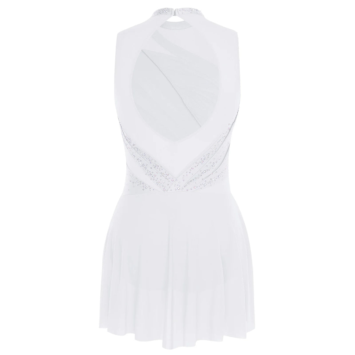 Damen-Ballettkleid mit Rüschen, lyrisches Tanzkleid, runder Kragen, ärmellos, Strass, rückenfrei, für Bühnenauftritte, Wettbewerb