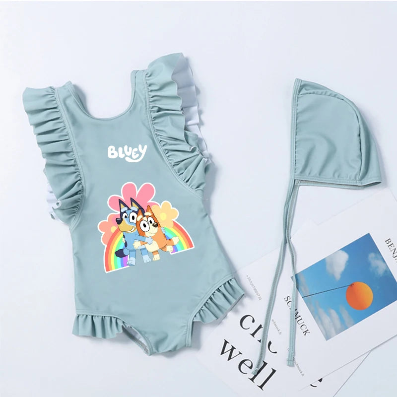 Cartoon Bluey Mädchen Sommer-Badeanzüge Kinder Einteilige & Bikini-Sets mit Badekappe Strandkleidung Bademode für Kinder
