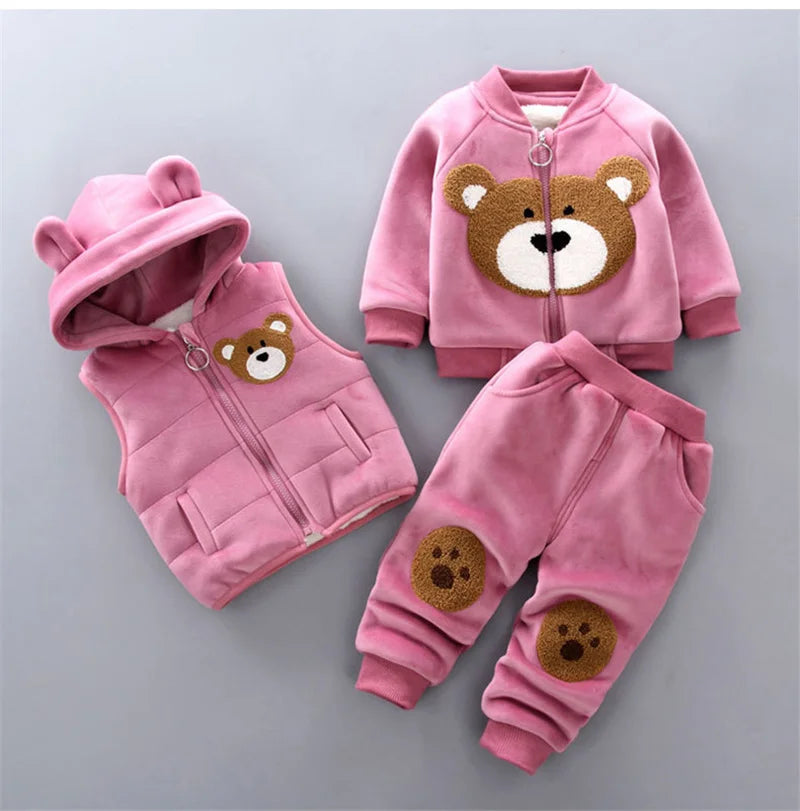 Winter-Baby-Kleidungssets, Herbst-Outfits für Jungen und Mädchen, dicke, warme Anzüge, Kapuzenpullover, Cartoon-Motiv, niedlicher Bär, dreiteilige Kinder-Outfits, 0–4 Jahre