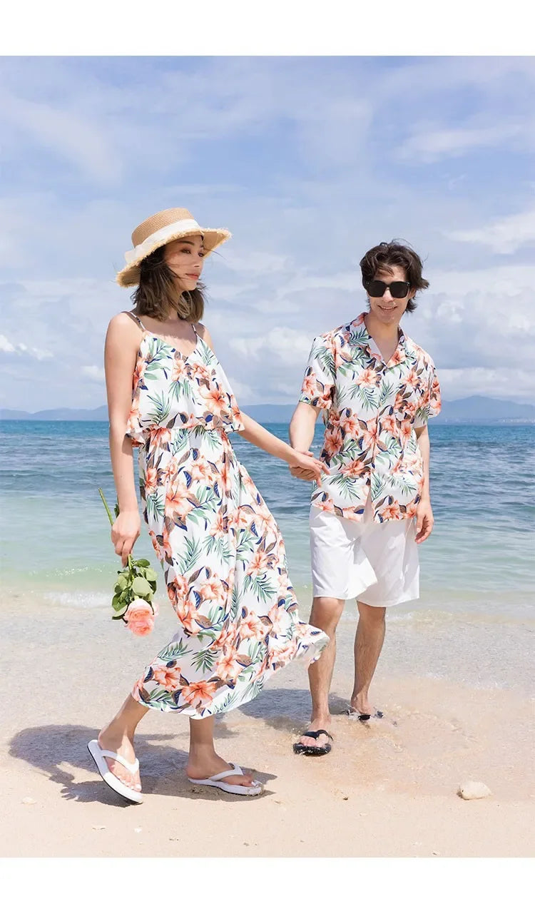 Family Look Vacation Beachwear Mother Daughter Sleeveless Dress Dad Son Matching Floral Shirt Set Parent-Child Holiday Outfits