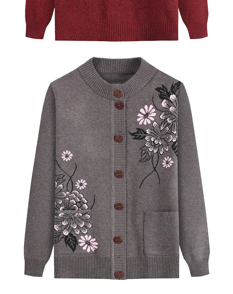 Neue Druck Mittleren Alters Mutter der Frühling Herbst Langarm Pullover Frauen Gestrickte Bodenbildung Shirt Wolle Winter Oma Strickjacke