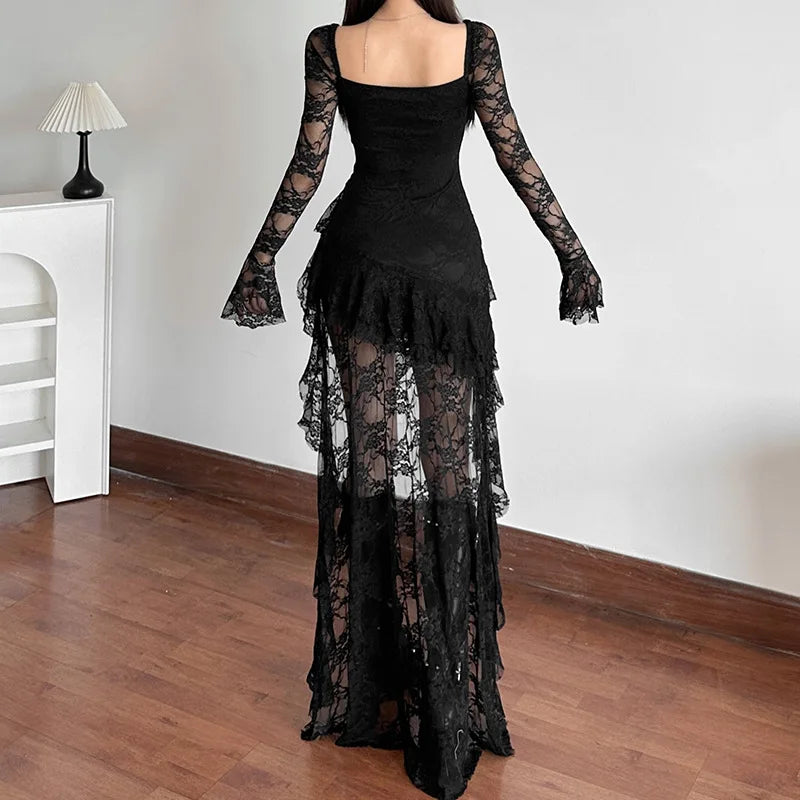 Gothic Dark Fairycore Spitzenkleid mit ausgestellten Ärmeln, eckigem Ausschnitt, A-Linie, süßes E-Girl-Kleid mit unregelmäßigem langem Saum, Cyber Y2K Party-Kleid
