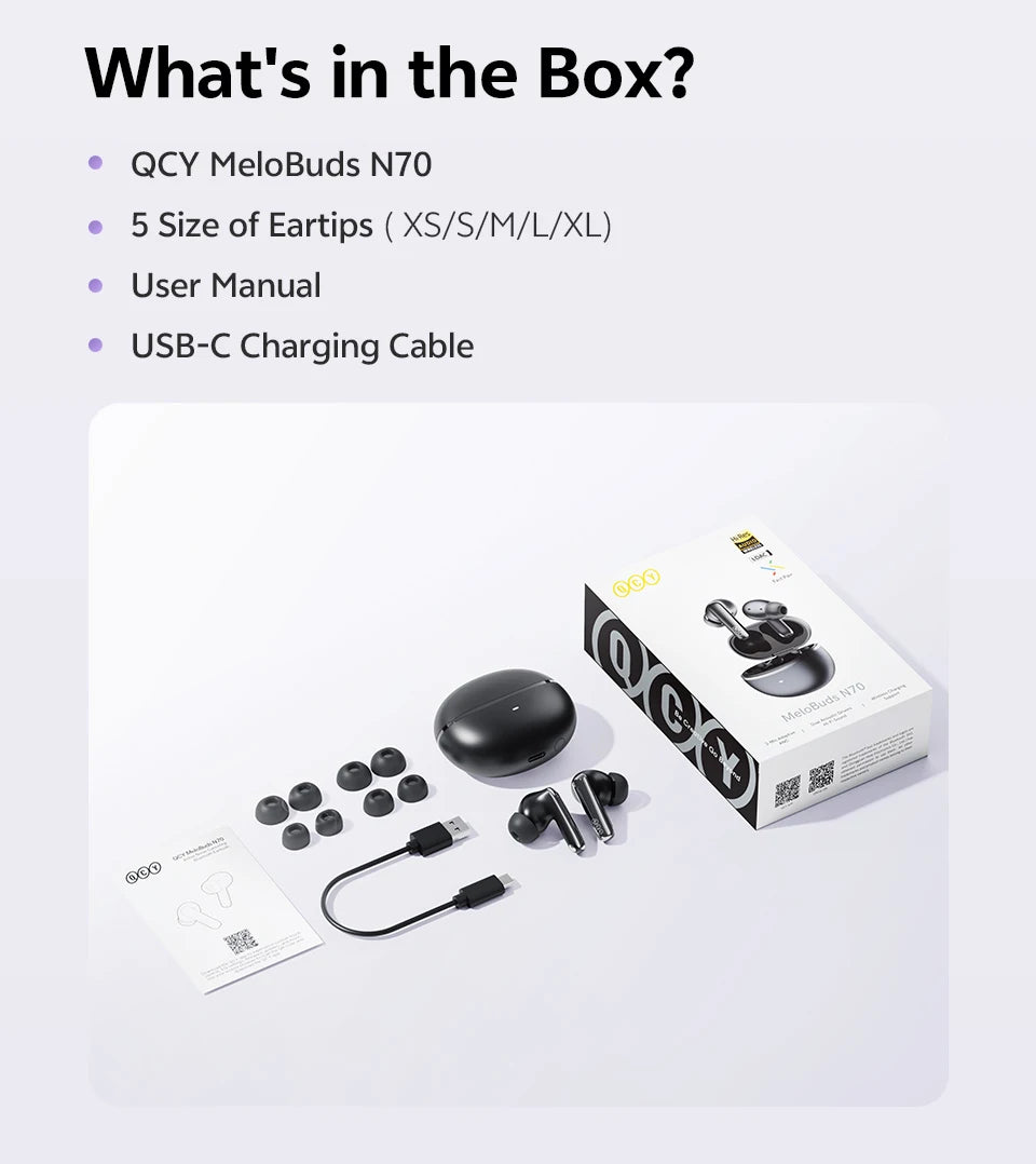 QCY MeloBuds N70 Adaptive ANC Wireless Earbuds Bluetooth 6.0 LDAC Hi-Res Audio 6 Mikrofone Wireless Charging Kopfhörer 50 Stunden IPX5