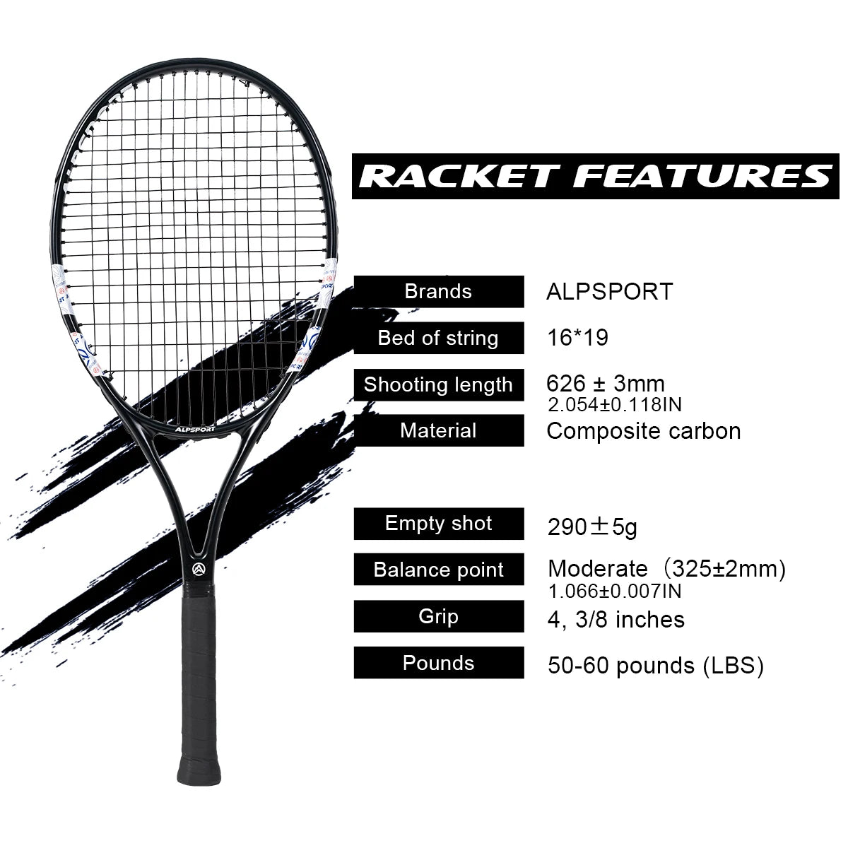 ALPSPORT T800 18K Professioneller Tennis-Schläger aus Carbonfaser – Leicht (280g) mit Tasche & Rutschfestem Gurt, Schneller Versand für Turniere