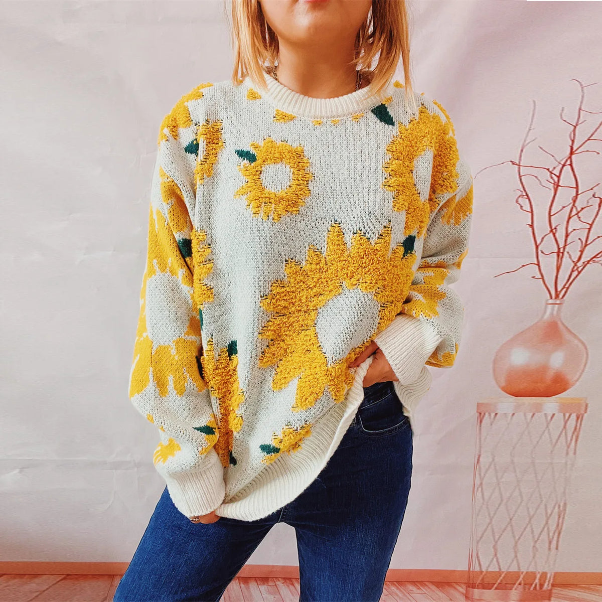 Damen Herbst Pullover Damen Mode Rundhalspullover mit Blumendruck, vielseitig einsetzbar für Herbst und Winter Herbst Pullover Damen