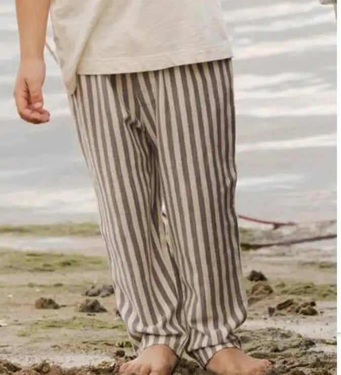 Frühling Sommer Jungen Gestreifte Weite Hosen Baby Mädchen Vintage Lässige Leinen-Baumwoll-Harlan-Hosen Kinder Schnürhose Kinderkleidung
