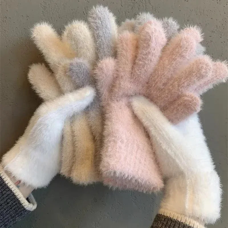 Mode Winter Nerz Samt Fünf Finger Handschuhe Plüsch Warme Kalt-proof Handschuhe Frauen Im Freien Radfahren Einfarbig Wistiti Fäustlinge