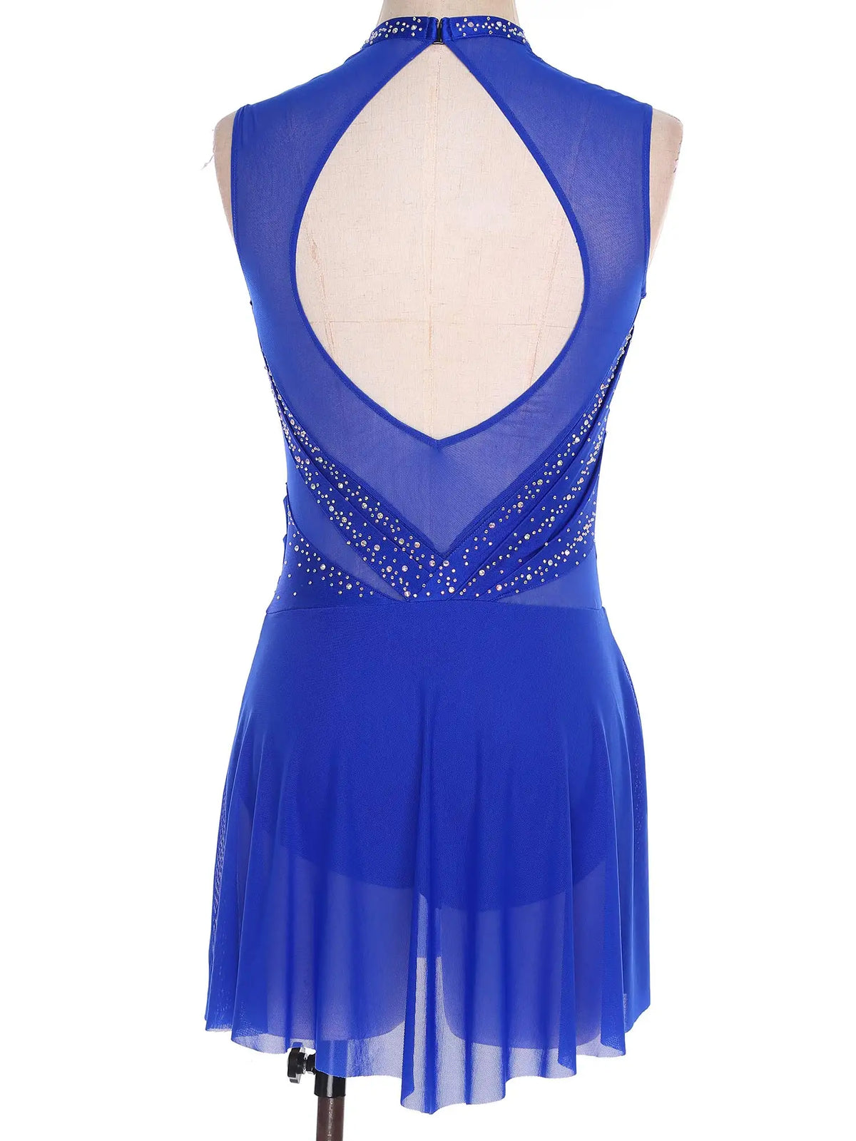 Damen-Ballettkleid mit Rüschen, lyrisches Tanzkleid, runder Kragen, ärmellos, Strass, rückenfrei, für Bühnenauftritte, Wettbewerb