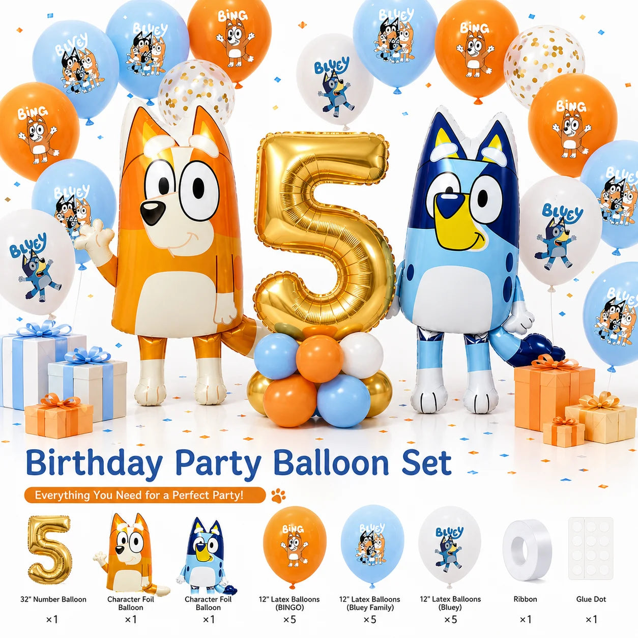 Bluey Geburtstagsparty Ballonset Nummer 5 Folienballon Bingo Bluey Latexballons Kinder Babyparty Deko für Jungen Mädchen