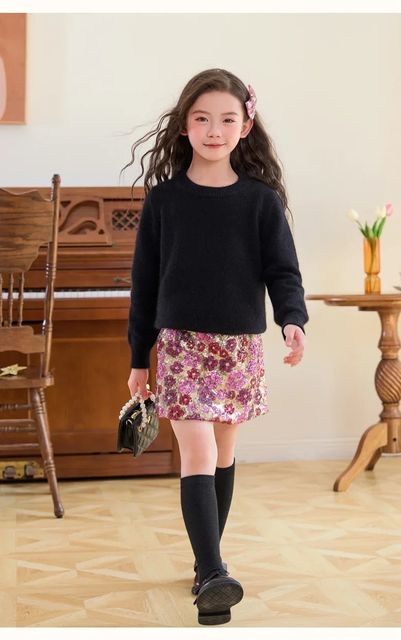 Mädchen Paillettenrock Blumenmode A-Linie Kurzer Rock für Kinder bestickt Elegante Prinzessin Herbst Winter Teen Kinder Kostüme