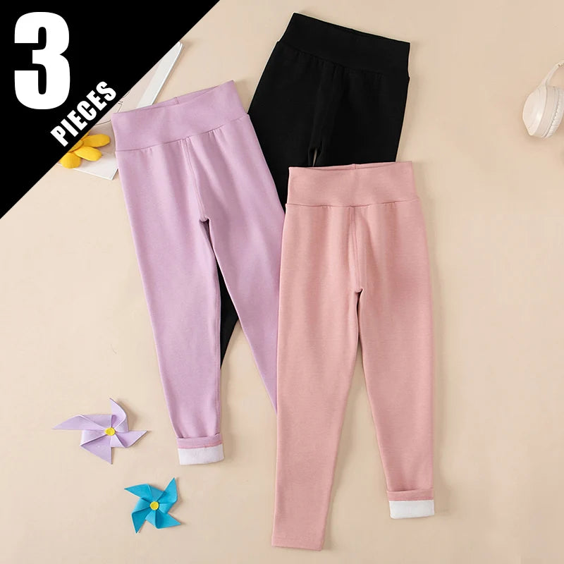3/1-teiliges Set für Herbst und Winter, Kinder, einfarbig, mittelhohe Taille, dicke Leggings, Jungen und Mädchen, Fleece, warme Freizeithose