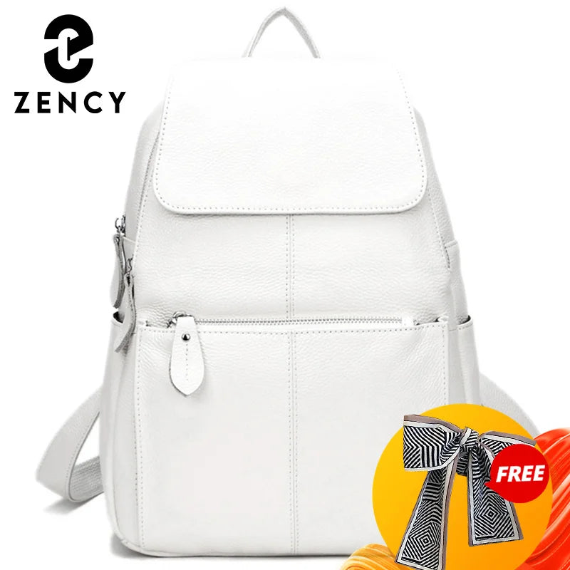 Zency Stilvoller Damen-Rucksack aus echtem Leder in Weiß und Schwarz, A++-Qualität, Diebstahlsicherer Rucksack mit großem Fassungsvermögen, Reise-Designer-Rucksack