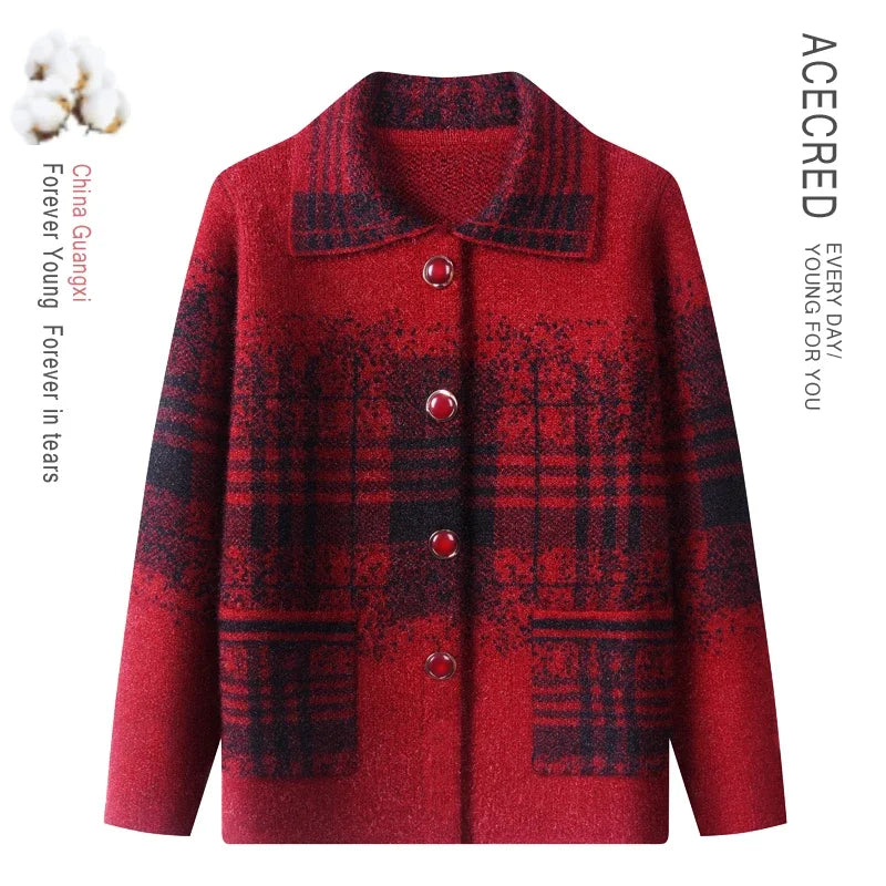 Strickjacke für Ältere Frauen mit Umlegekragen, Karomuster, Dick, Warm, mit Knöpfen, Wintermantel für Mütter und Großmütter