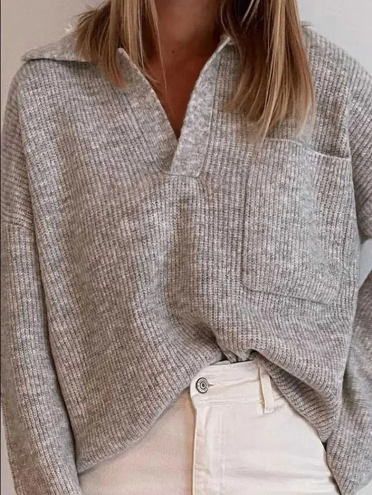 Neue Herbst Modus 2025 Pull Femme Einfarbig Tasche Stricken Lose Revers Büro Pendler Pullover Pullover Trikots Mujer Talla Grande