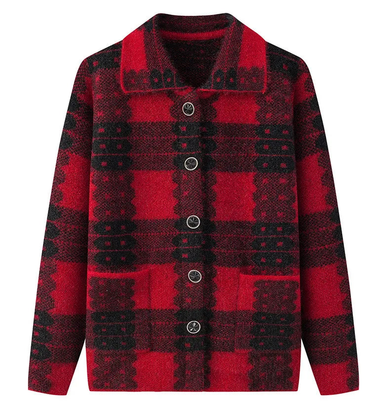 Casual Plaid Herbst Winter Kleidung Mittleren Alters Mutter Pullover Strickwaren Tops Verdicken Oma Warm Woolen Mantel Frauen Strickjacke