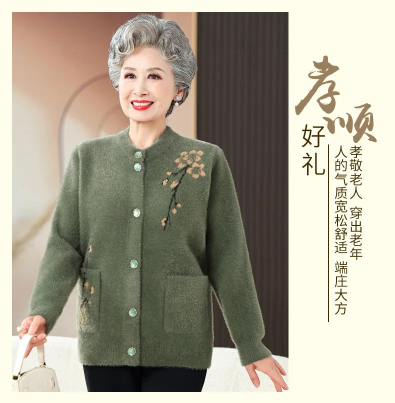 Oma Dicke Warme Nerz Samt Pullover Top Winter Mittleren Alters Mutter Draußen Tragen Strickjacke Jacke Vintage Frauen Gestrickte Mantel