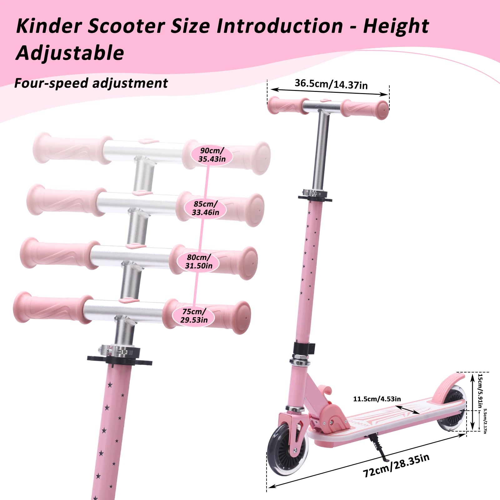 Kinderroller mit Ein-Klick-Faltmechanismus, 4-fach verstellbarer Lenker 75-90cm, Hinterradbremse, bunte Leuchträder & Pedale, 4,34-Zoll-Reifen