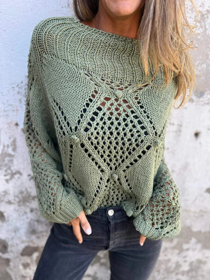 Hohl Einfarbig Langarm Gestrickte Rundhals Lange Vielseitige Pullover Herbst Pullover Damen Roupas De Inverno Feminina Mulher