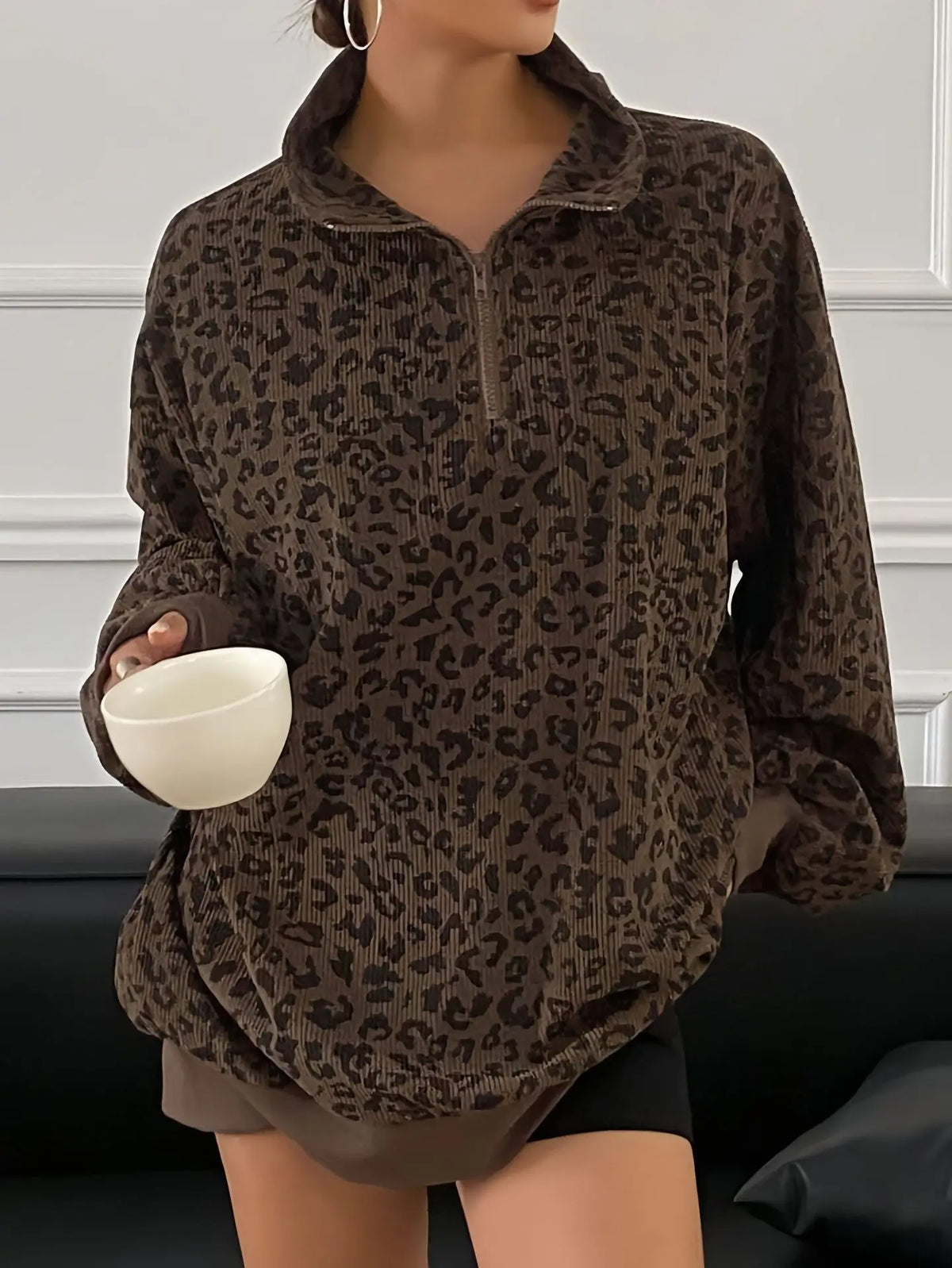 Damen Stehkragen Leopardenmuster Half Zip Mode Pullover Langarm Sweatshirt Herbst Winter Sudaderas Herbst Pullover Damen