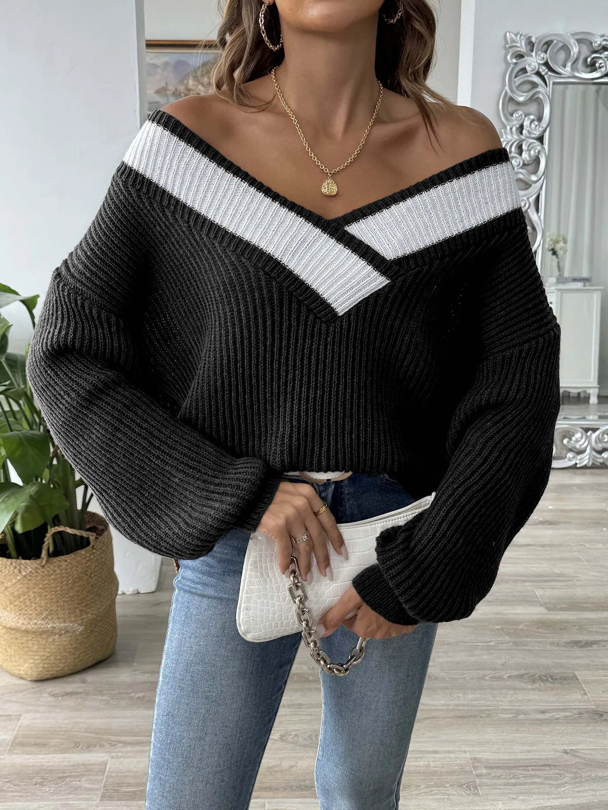 Frauen Invierno Pull Automne Femme Modische V-ausschnitt Lange ärmeln Lose Einfarbig Spleißen Pullover Pullover Herbst Modus Damen