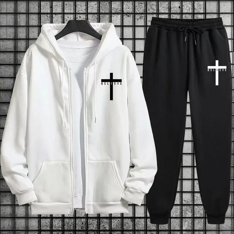 CrosofChrist Herren Hip-Hop Trainingsanzug 2025 N 2-teiliges Outfit Reißverschluss-Hoodie Jogger Urban Streetwear Herbst Winter Mode