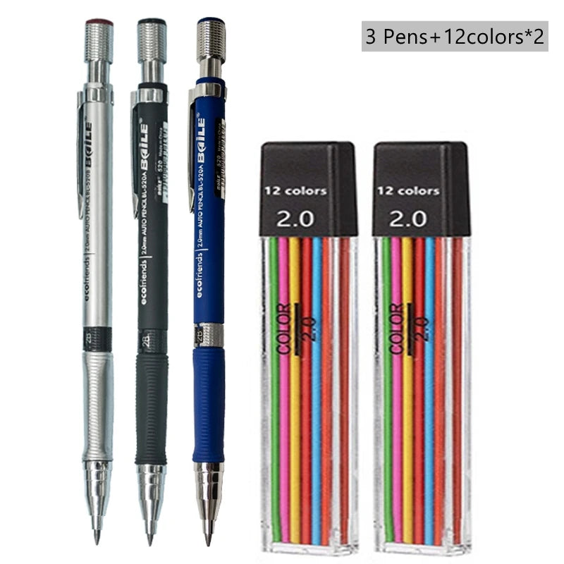 Druckbleistift-Set 2,0 mm mit 2B-Schwarz/Farben-Minenminen zum Schreiben, Skizzieren, Kunst, Zeichnen, Malen, Schule, automatischer Bleistift