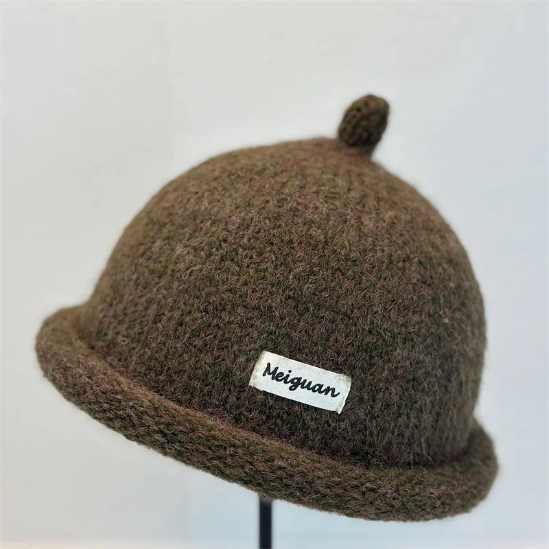 2025, Damen-Wintermütze mit umgedrehter Krempe, gestrickte Wollmütze, hält den Kopf warm, Strickmütze, minimalistischer Stil, Modeaccessoires