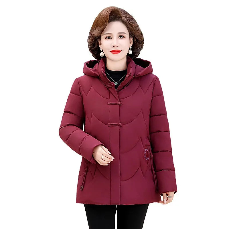 Frauen Winter Puffer Baumwolle Gefütterte Jacke Oma Mit Kapuze Fleece Dicke Parkas Warme Lose Retro Stickerei Schnee Mantel Lose Weibliche
