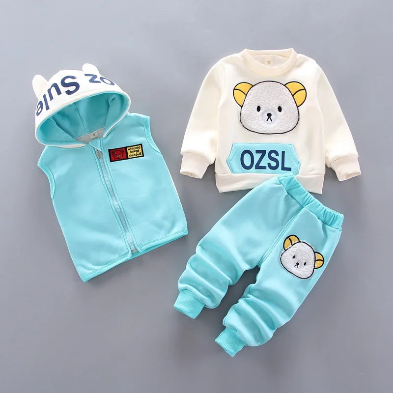 Winter-Baby-Kleidungssets, Herbst-Outfits für Jungen und Mädchen, dicke, warme Anzüge, Kapuzenpullover, Cartoon-Motiv, niedlicher Bär, dreiteilige Kinder-Outfits, 0–4 Jahre