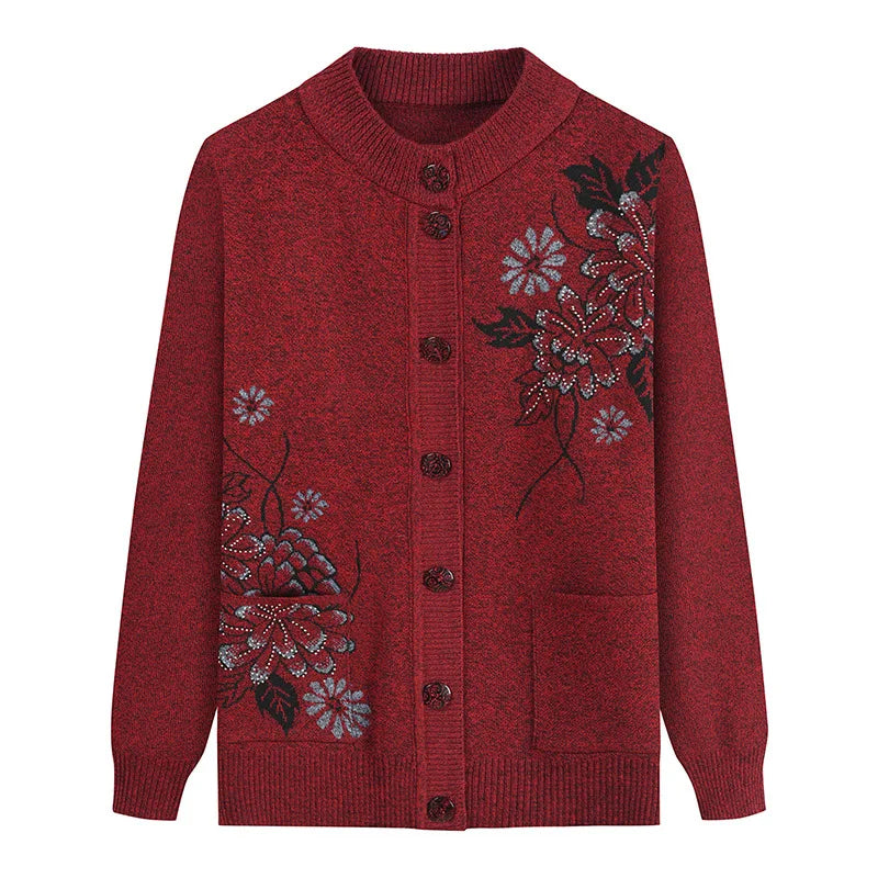 Neue Druck Mittleren Alters Mutter der Frühling Herbst Langarm Pullover Frauen Gestrickte Bodenbildung Shirt Wolle Winter Oma Strickjacke