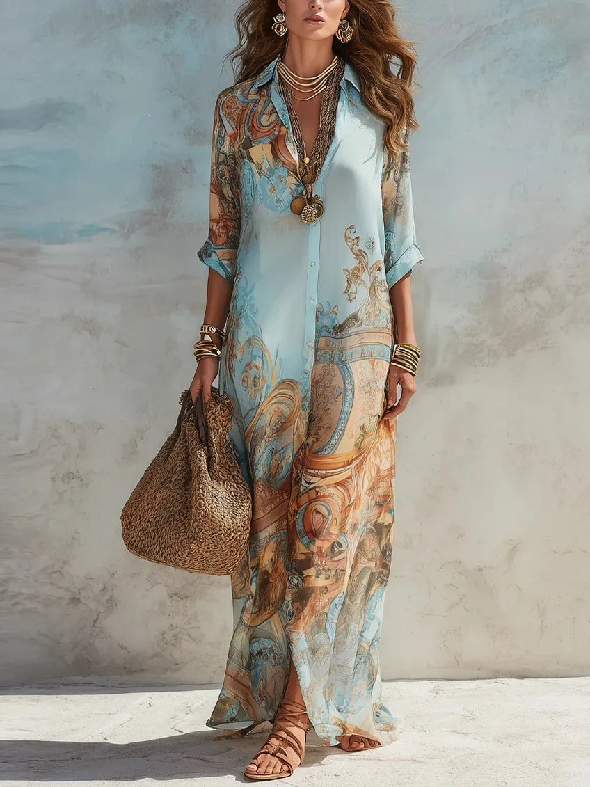 Elegantes Hemdkleid für Damen, Chiffon, Digitaldruck, Umlegekragen, einreihig, fließend, lässig, Boho, Sommerkleidung