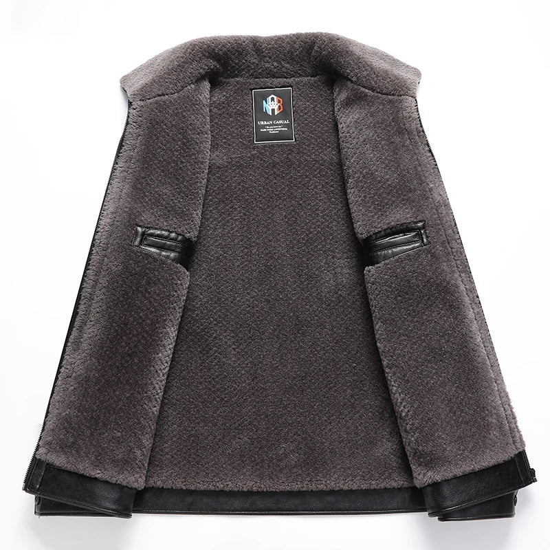 Fügen Sie Fleece und verdickende Winter-Papa-Lederjacke für Opa mittleren Alters mit Pelzkragen, Mantel für Herren mittleren Alters für Wärme hinzu