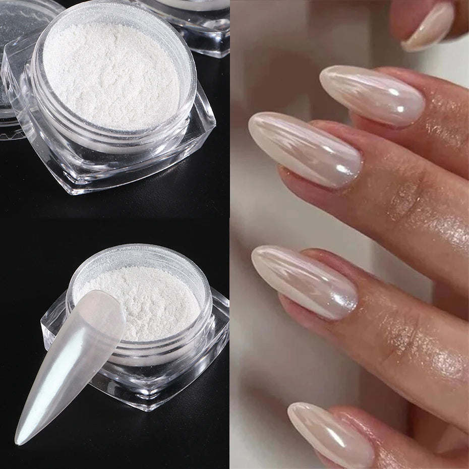 Moonlight Pearl White Nails Glitter Dust Chrome Aurora White Rubbing on Powder Shell Mirror Pigment Nail Art Supplies Dekoration