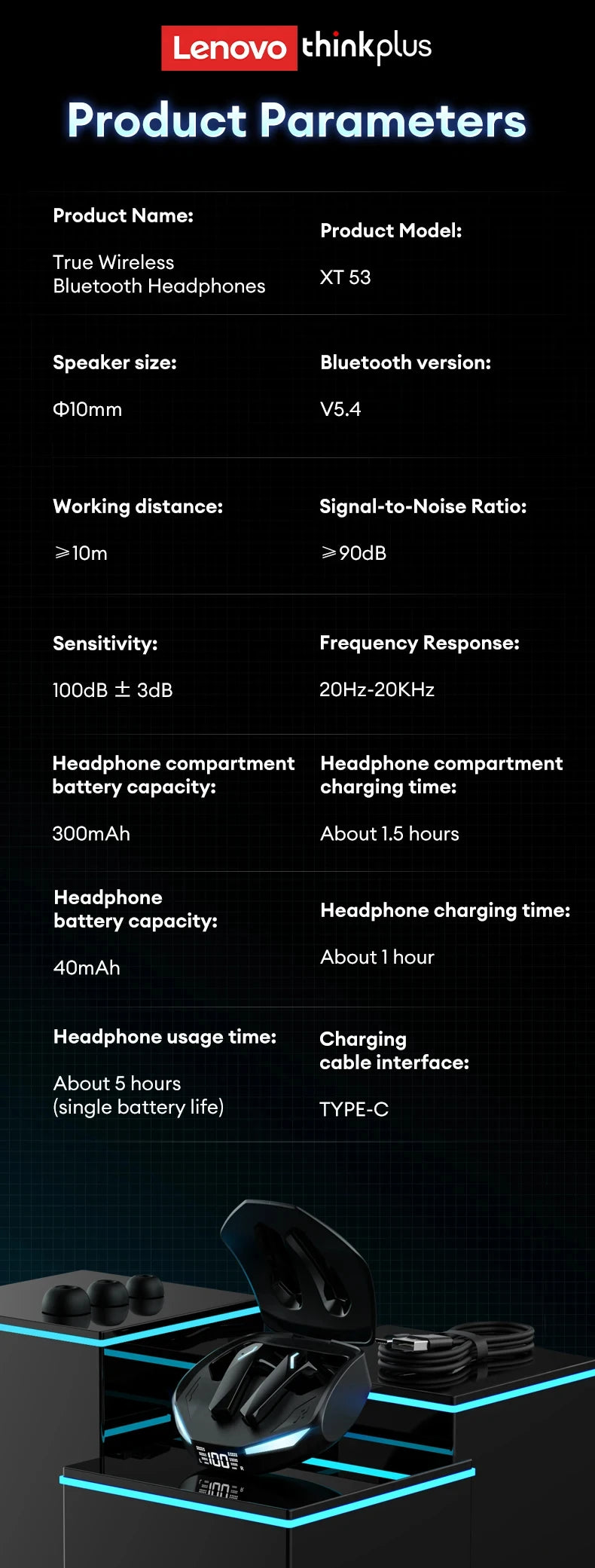 Lenovo XT53 Wireless Upgrade Bluetooth 5.4 Kopfhörer Ultra Long Endurance Gaming Headset mit geringer Latenz LED-Digitalanzeige-Ohrhörer